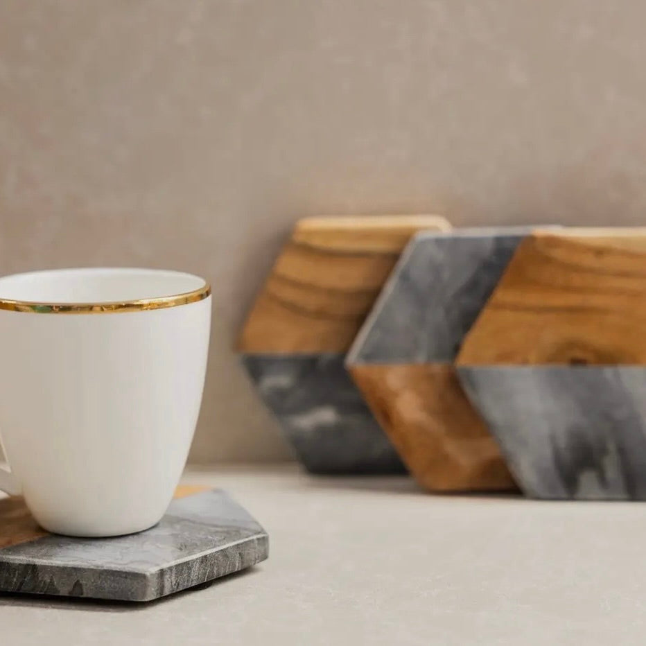 Artisan Marble & Wood Hexagon Coaster Set