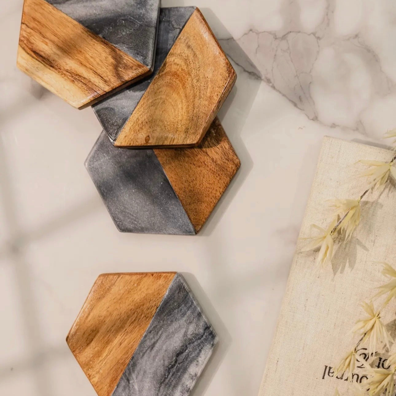 Artisan Marble & Wood Hexagon Coaster Set