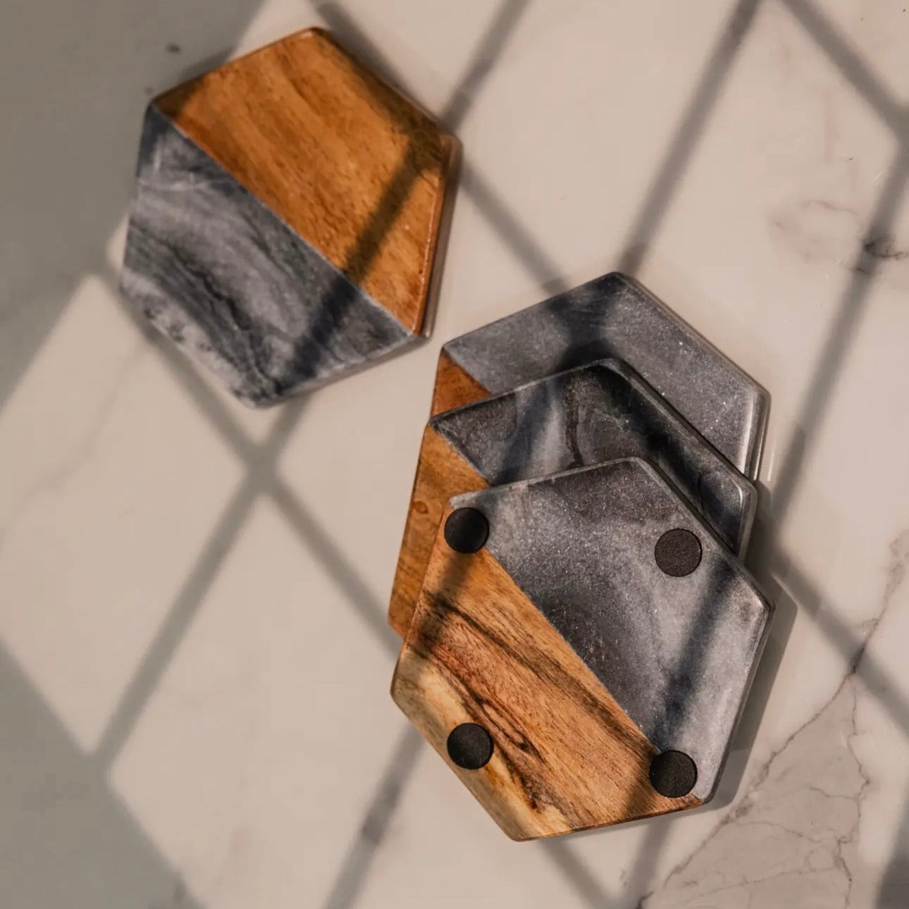 Artisan Marble & Wood Hexagon Coaster Set