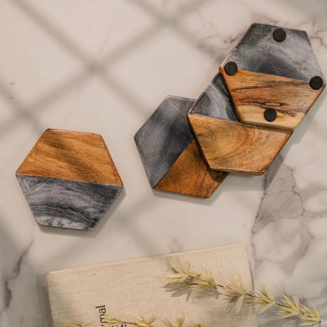 Artisan Marble & Wood Hexagon Coaster Set