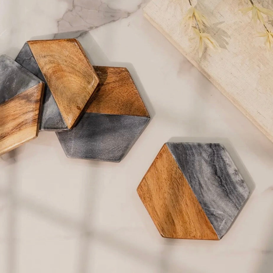 Artisan Marble & Wood Hexagon Coaster Set