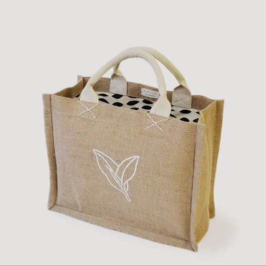 Jute & Canvas Tote | Leaf Design with Patterned Lining