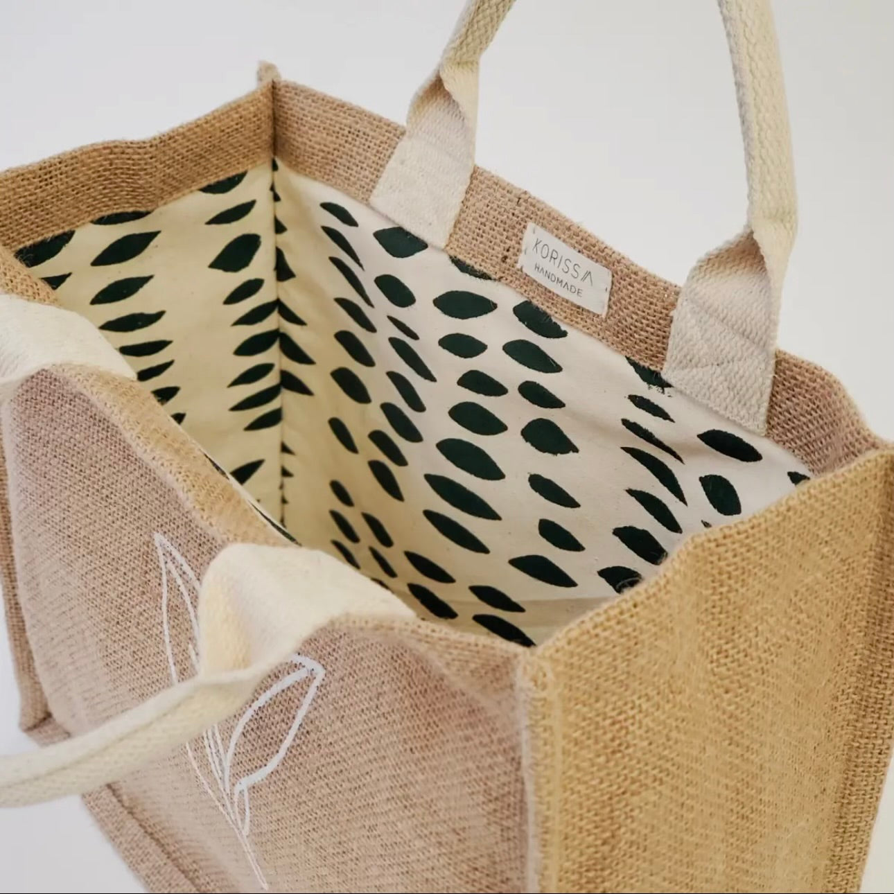 Jute & Canvas Tote | Leaf Design with Patterned Lining