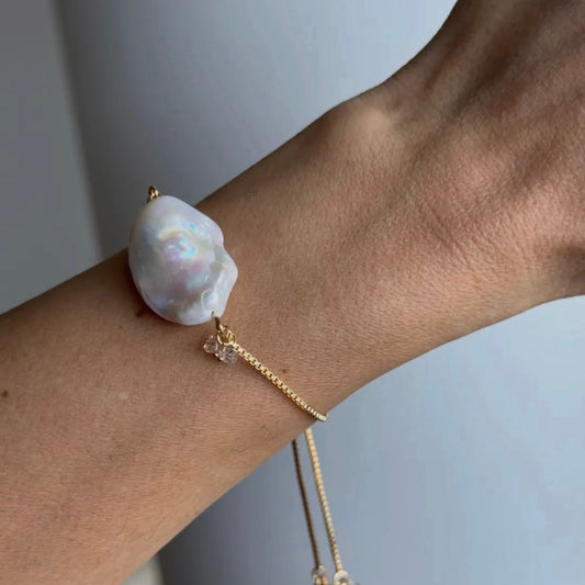 Clarity White Baroque Pearl + Herkimer Slider Bracelet